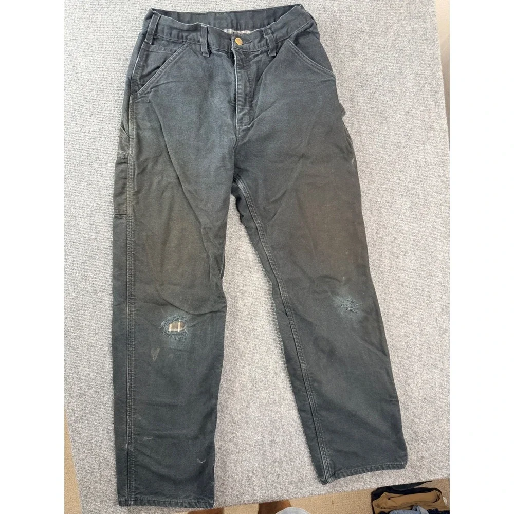 Carhartt B111-BLK Flannel Lined Black Duck Canvas Work Pants 30x34 Distress Men